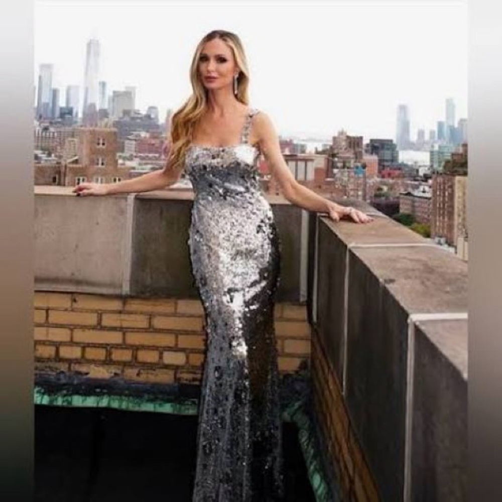 Marchesa Silver Sequin Evening Gown